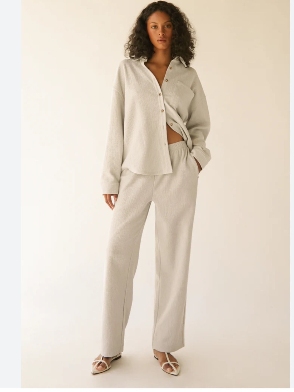 OAK + FORT Cream Wide-Leg Elastic Waist Pants
